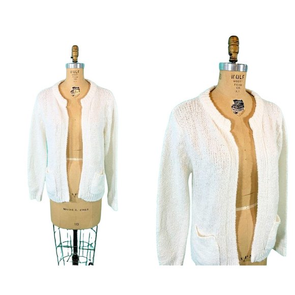 Vintage 1980s Chunky Cardigan Solid White Pocketed Open Sweater - Picture 1 of 10